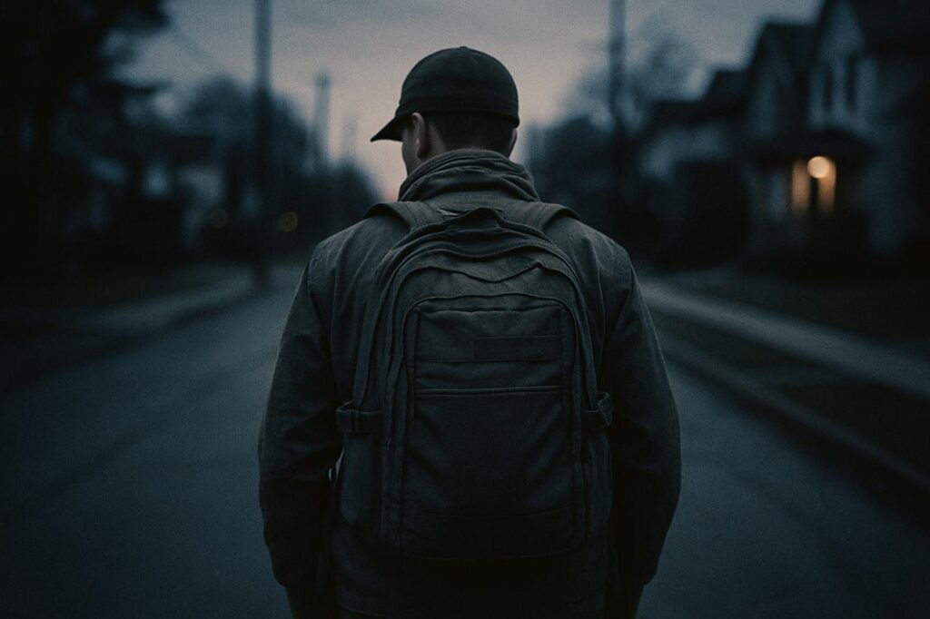 Man walking alone down a dim suburban street at dusk with a backpack, blending into the environment.