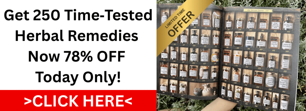 Herbal remedies book open with discount banner offering 250 natural cures at 78% off