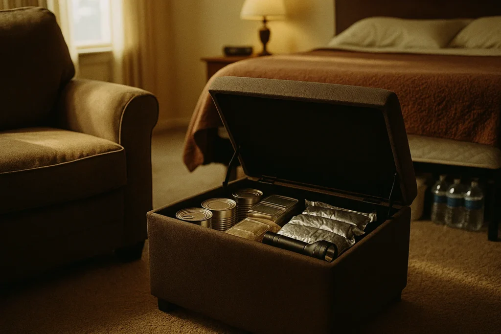 Emergency supplies stored inside a living room ottoman, including canned food, Mylar pouches, and a flashlight, in a realistic home prepping setup.