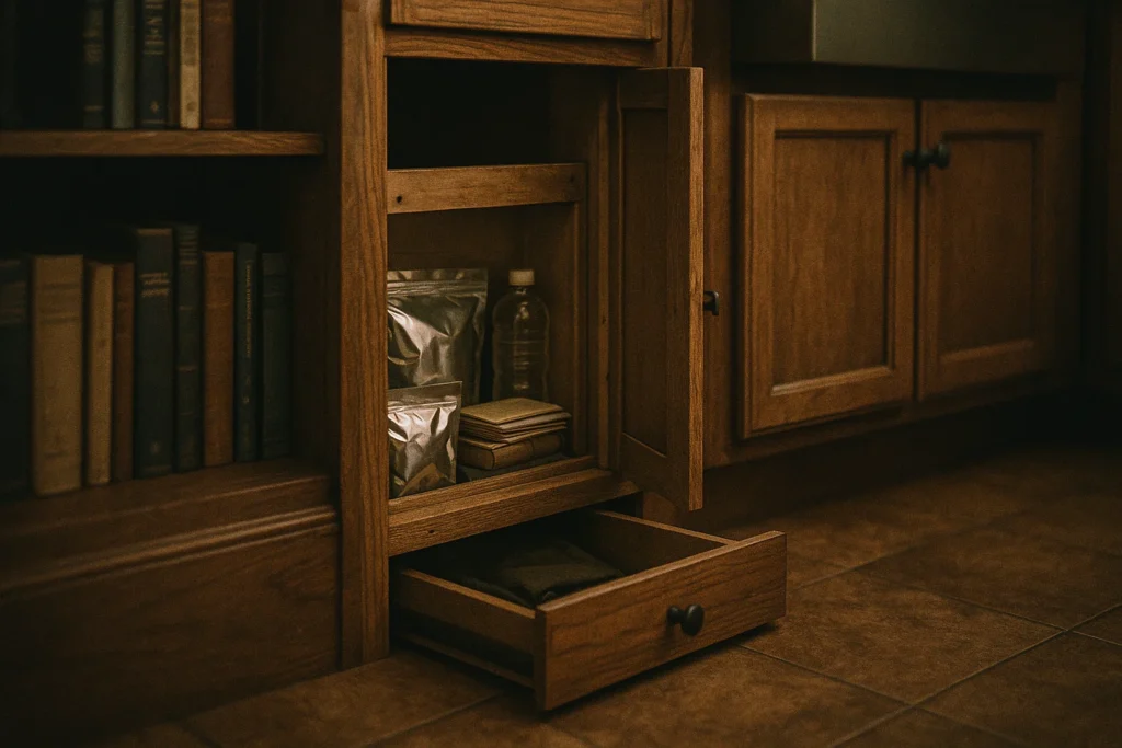Hidden emergency supplies stored inside a cabinet and toe-kick drawer, with Mylar bags and water tucked behind wooden panels in a home kitchen.