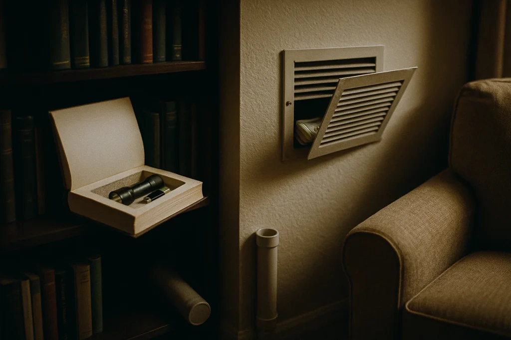 Hollowed-out book, fake vent, and disguised PVC pipe used as secret storage for emergency supplies