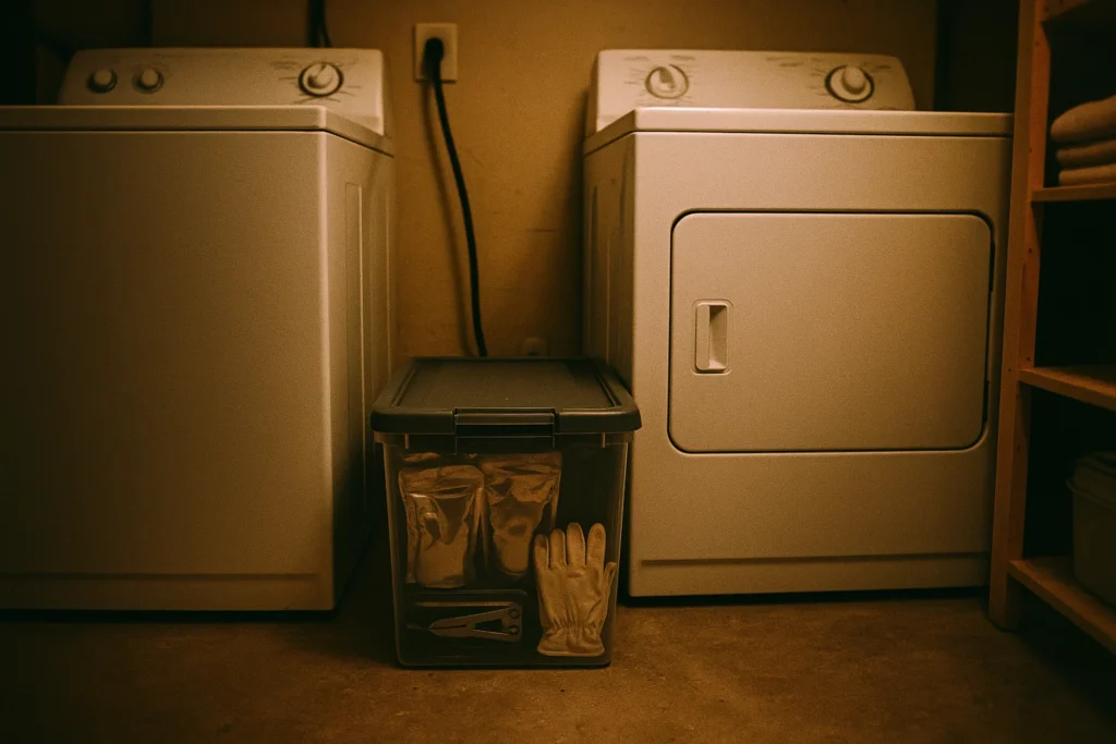Emergency supplies hidden in a sealed plastic bin beneath a washer and dryer in a laundry room
