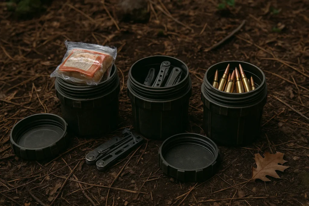 Three small black survival cache containers open on forest ground, showing food, tools, and rifle ammo inside.

