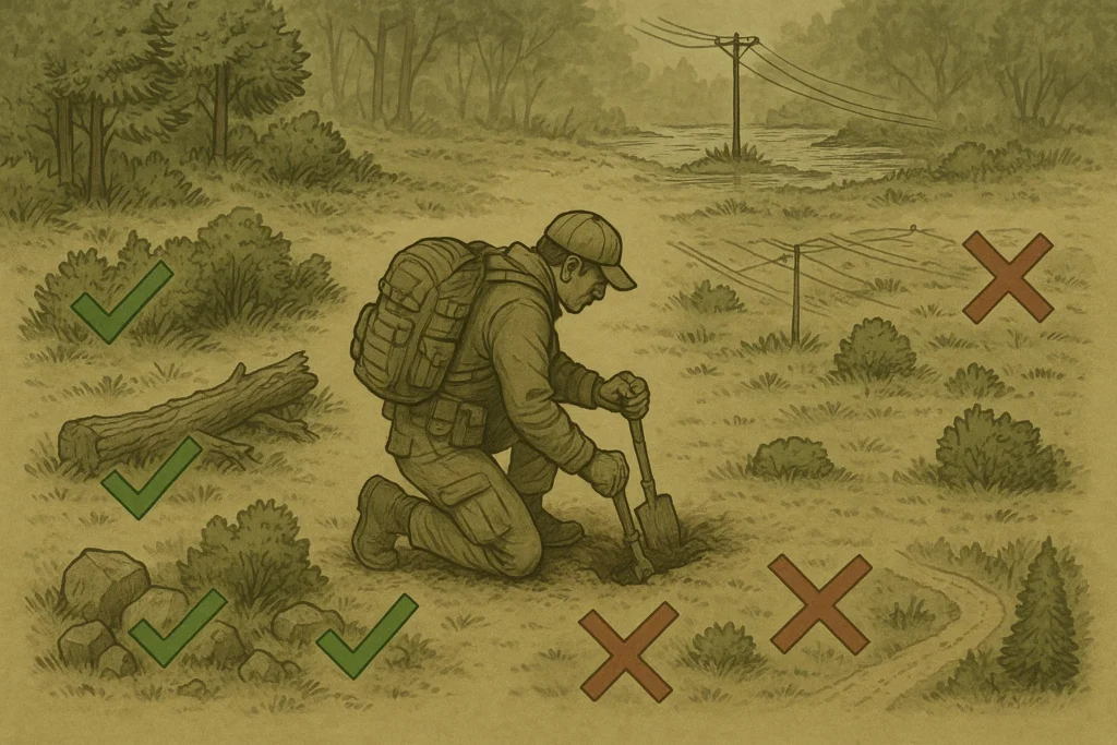 Illustration showing where to bury emergency supplies, with green check marks for safe locations like brush and fallen logs, and red Xs for unsafe spots like trails and utility lines.

