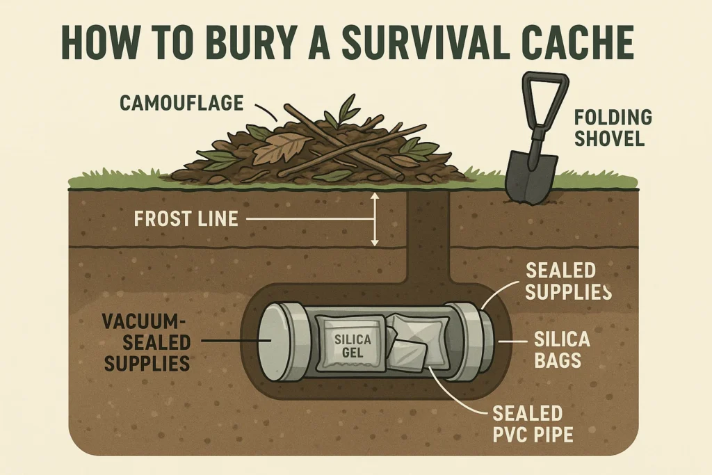 How to bury a survival cache underground with sealed PVC, silica gel, and camouflage above the frost line

