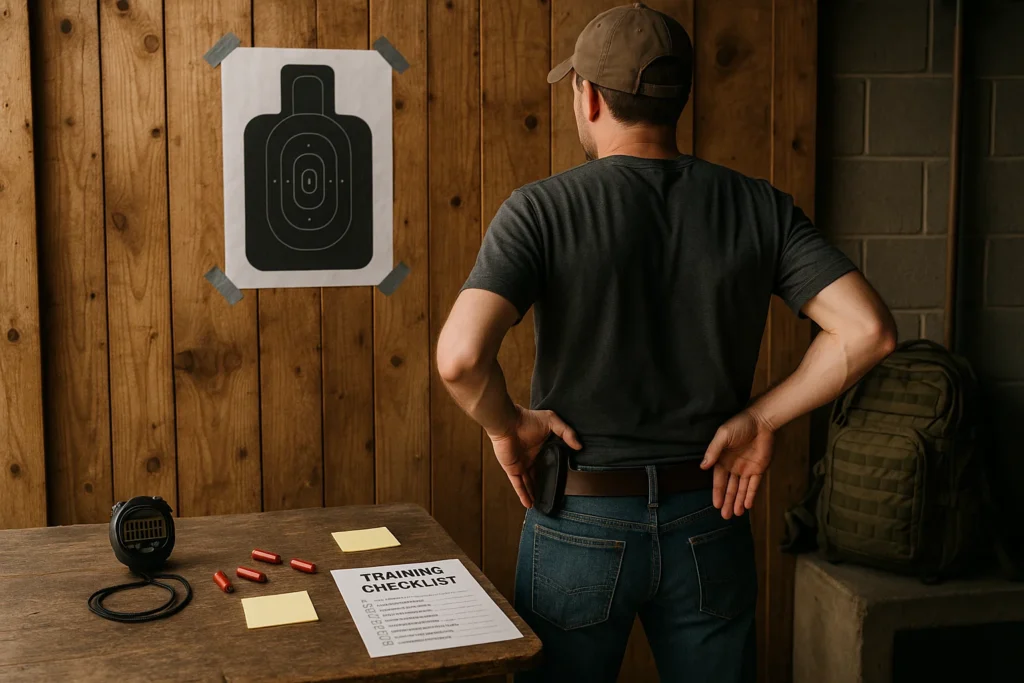 Middle-aged man practicing a dry fire routine at home with a taped target and training checklist on the table.