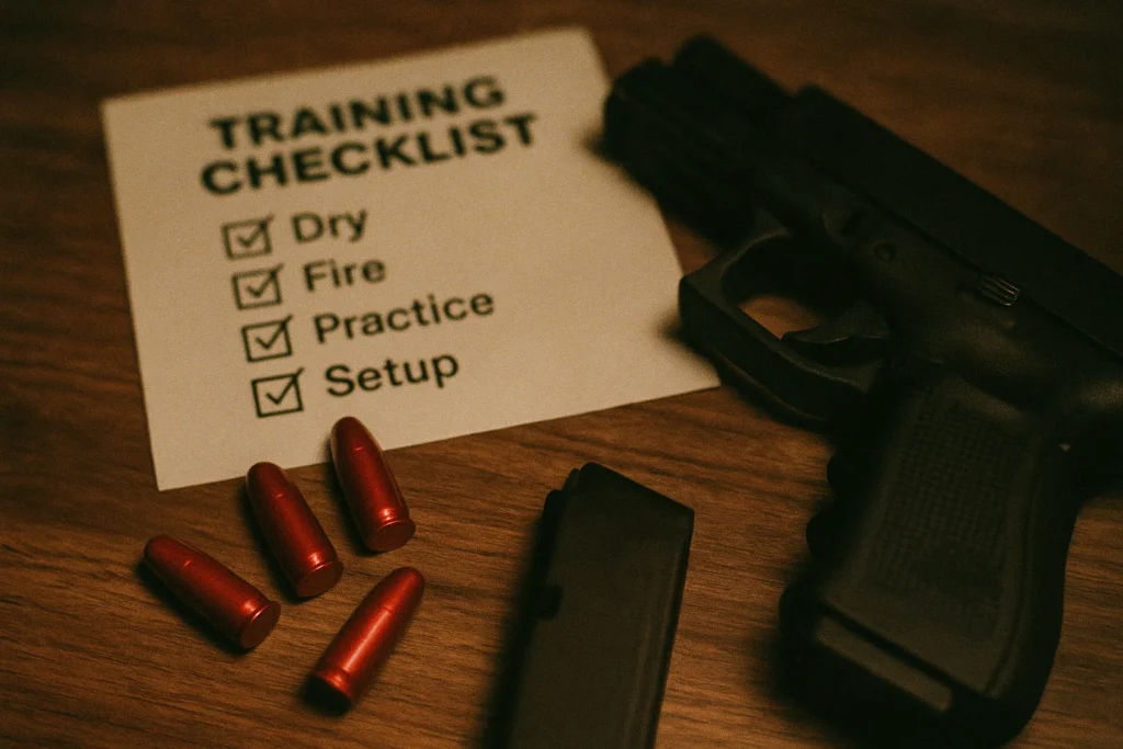 Red snap caps on a wooden table beside a dry fire training checklist and an unloaded handgun—perfect setup for home gun practice without live ammo.
