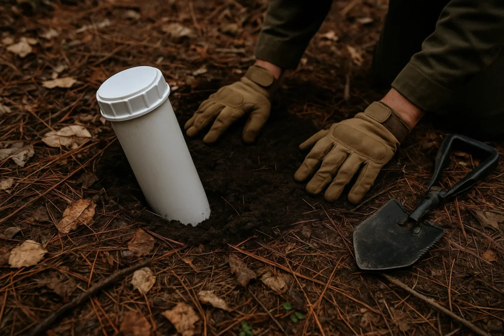 Gloved hands burying a white PVC survival cache in the forest floor with a tactical shovel nearby

