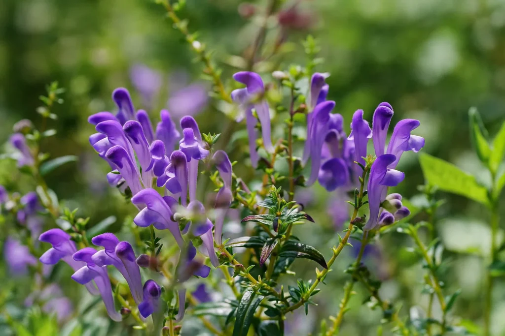 American skullcap plant with calming purple flowers in full bloom