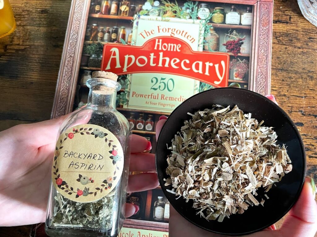 Natural backyard aspirin herb and The Forgotten Home Apothecary book
