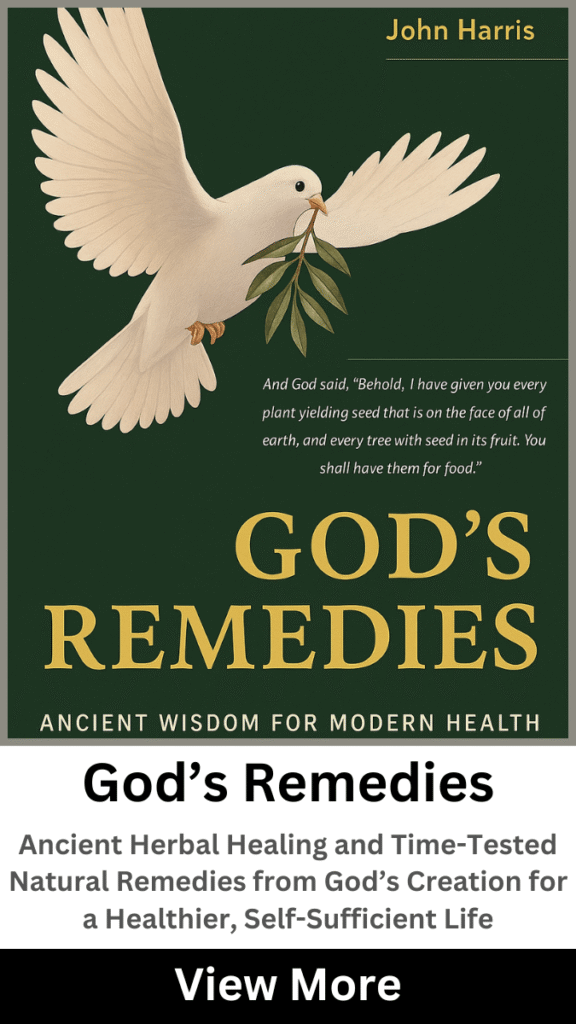 God’s Remedies book cover with white dove carrying olive branch, promoting ancient herbal healing and natural remedies from God’s creation.