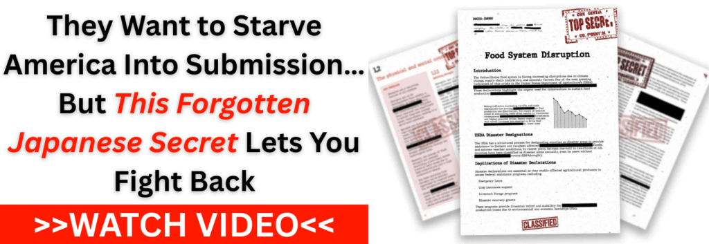 Food system disruption warning with survival video promotion about forgotten Japanese secret.