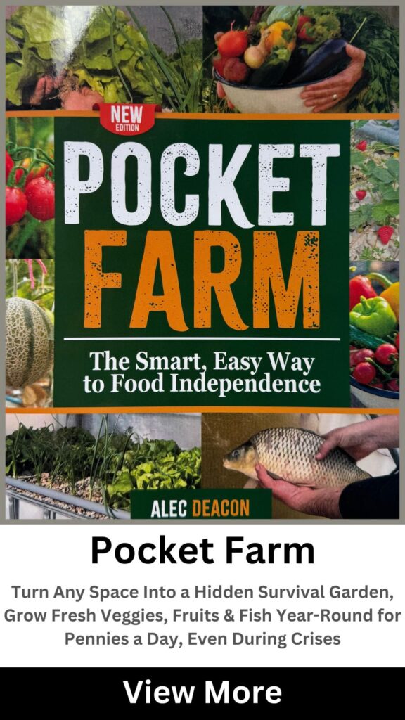 Pocket Farm survival guide book cover showing fresh vegetables, aquaponics setup, and homegrown fish for food independence.