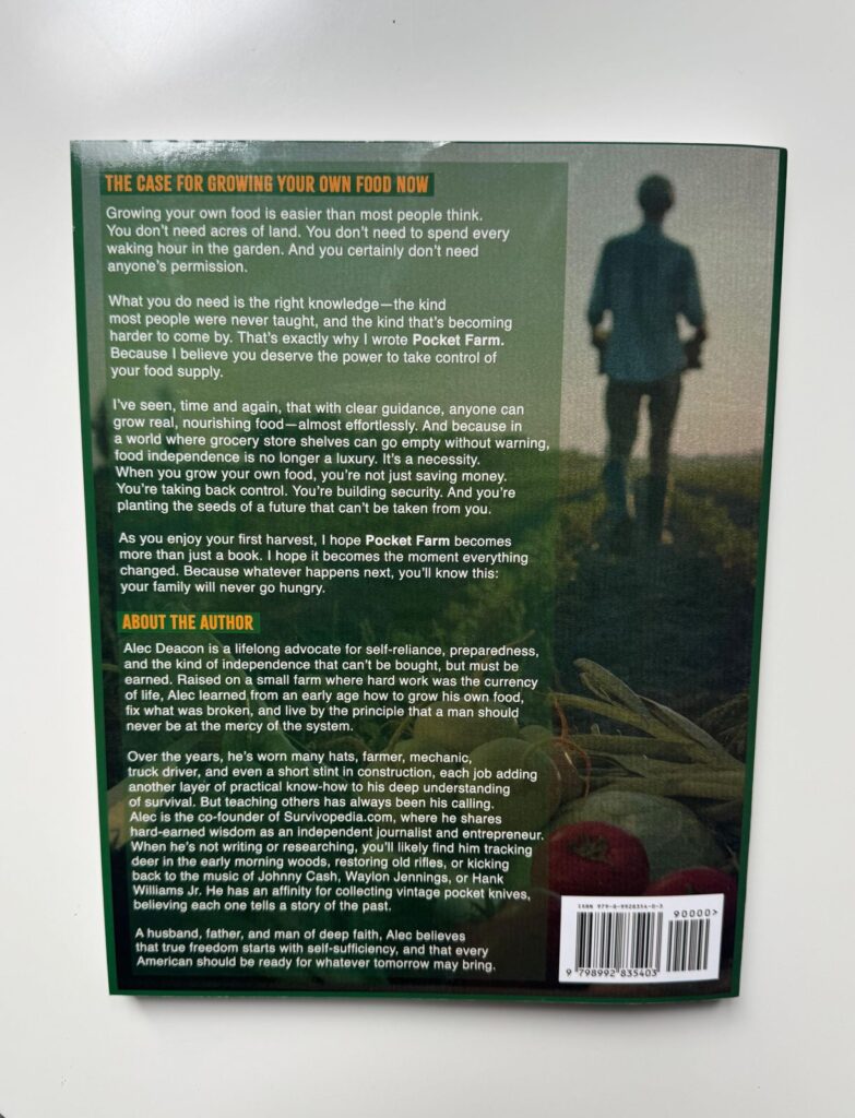 Pocket Farm book back cover with author bio Alec Deacon and survival food independence message.