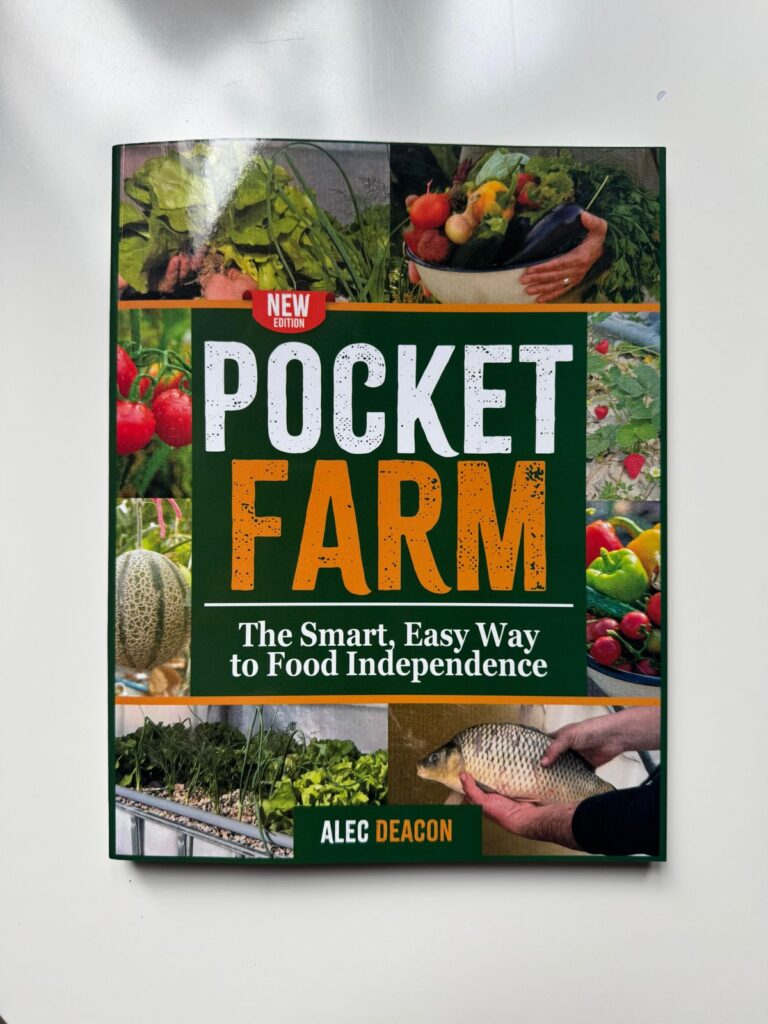 Pocket Farm book front cover by Alec Deacon – The Smart, Easy Way to Food Independence.