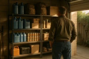 Older man organizing emergency supplies in a prepper garage
