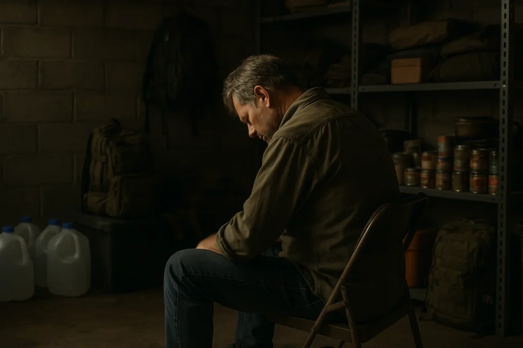 Older prepper man sitting quietly in garage, surrounded by emergency supplies, looking down in fatigue

