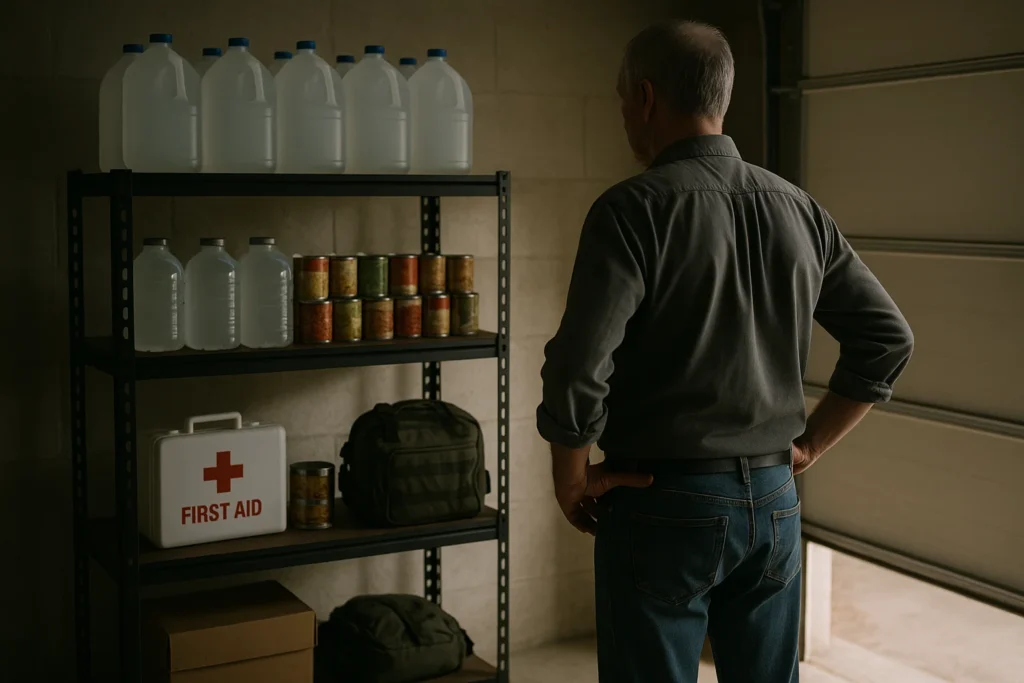 Older man in garage looking at neatly organized prepper shelf with water, canned food, and first aid kit

