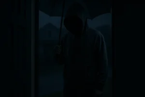 Suspicious hooded figure at door during storm, symbolizing scam risk after a crisis