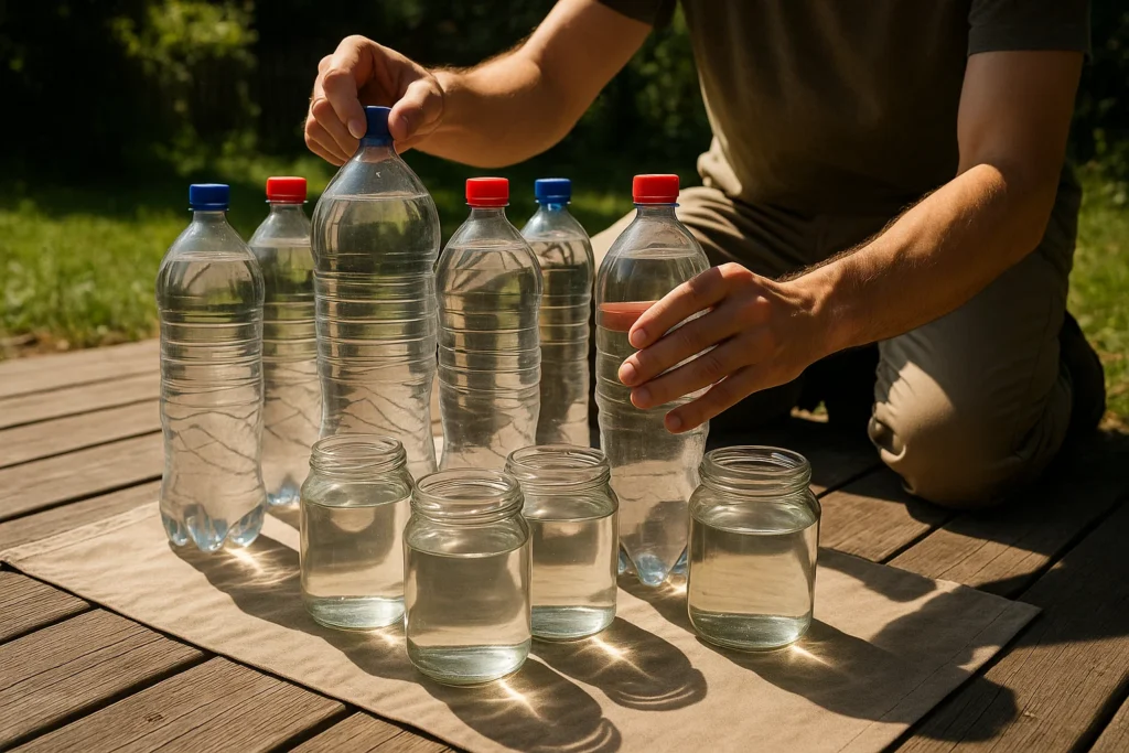 PET bottles and glass jars filled with water in sunlight for SODIS purification after SHTF.