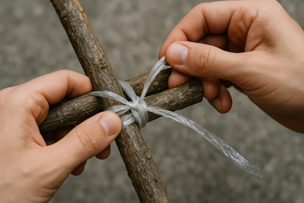 Survivalist tying two sticks together with cordage made from repurposed plastic bottle strips.