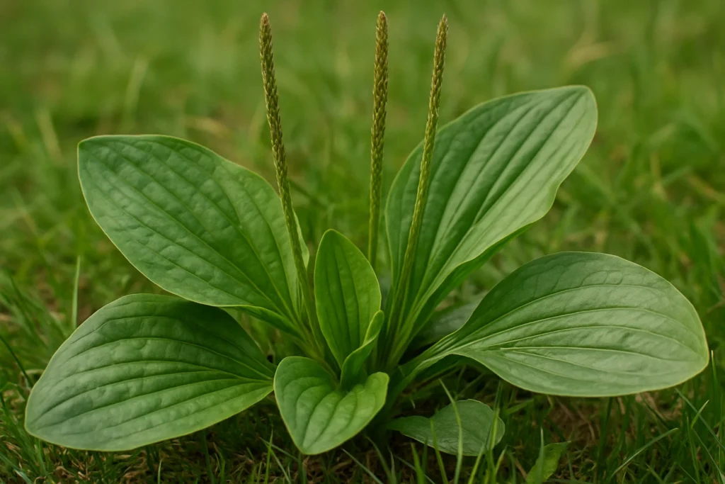 Broadleaf plantain (Plantago major) with parallel-veined leaves and seed stalks, a common medicinal plant for soothing bites and stings.