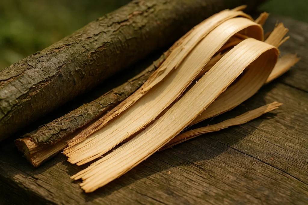 Freshly peeled willow bark strips, rich in salicin, used as a natural herbal remedy for pain relief.