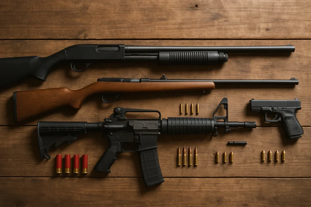 Flat lay of budget prepper guns with shotgun, .22 rifle, AR-15, Glock pistol, and ammo