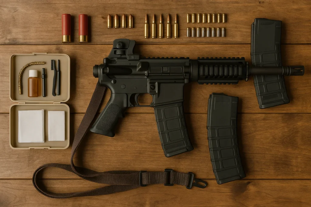 Budget survival rifle with cleaning kit, magazines, and common ammo calibers on wooden background