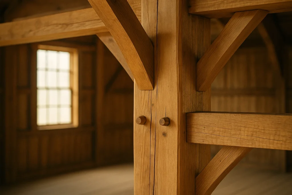 Timber-frame barn corner with pegged mortise-and-tenon joints and knee braces for tornado resistance.