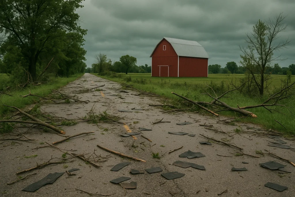 Post-storm road debris with intact Amish red barn—contrasting tornado outcomes.