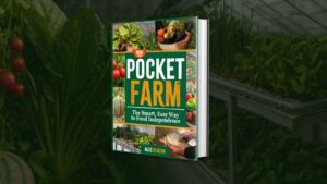 Pocket Farm book review cover with fresh vegetables, aquaponics setup, and fish for food independence.