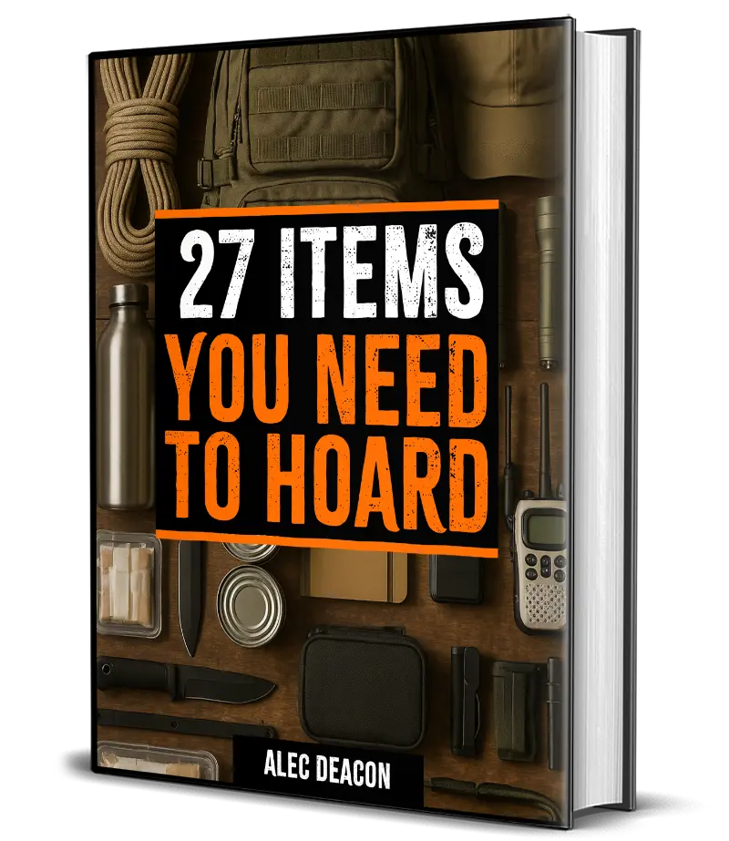 27 Items You Need to Hoard bonus book by Alec Deacon listing critical survival gear for crisis preparedness.