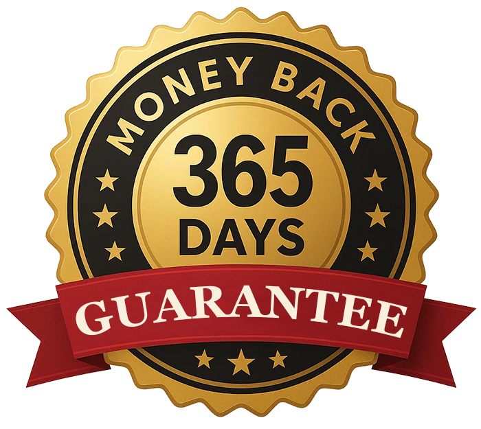 365-day money-back guarantee badge for Pocket Farm survival system.