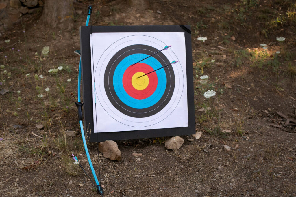 Survival bow with arrows hitting target during practice