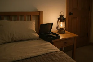 Fast-entry bedside gun safe with handgun and oil lantern during blackout — secure home defense gun storage for preppers.