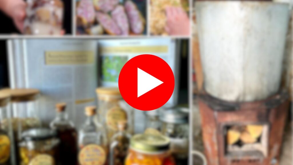 Play button over a collage of homestead jars, ferments, and a wood-fired stove—off-grid food preservation and emergency cooking video.