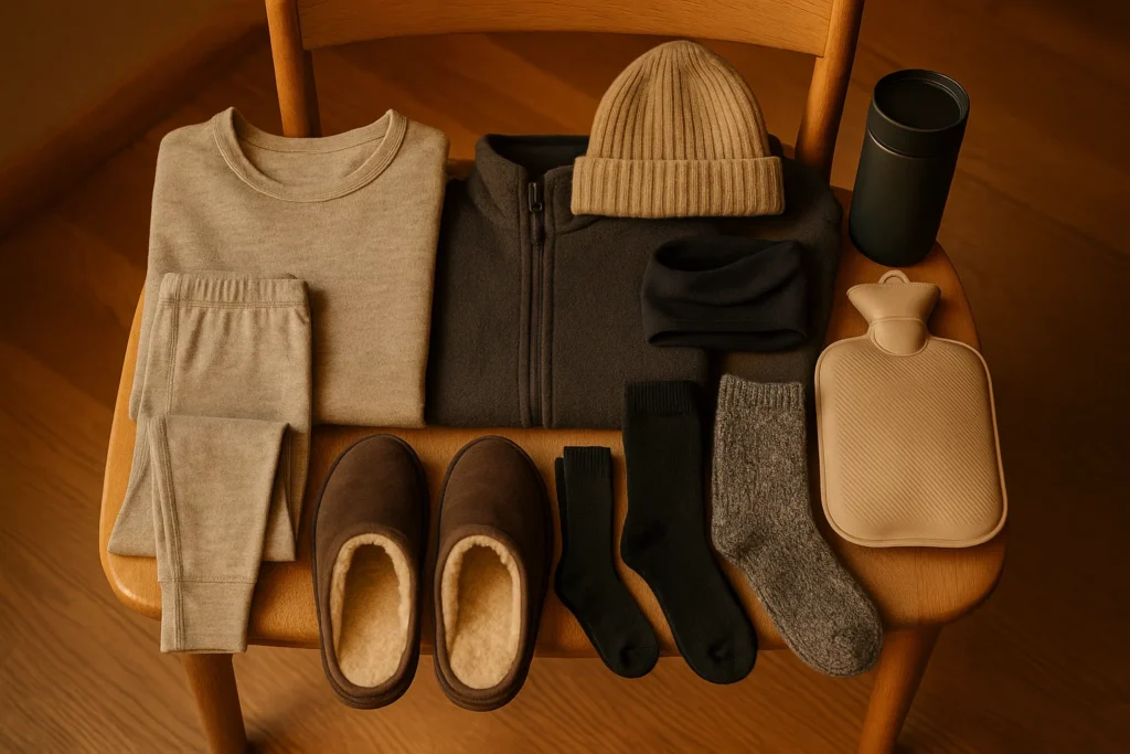 Wool base and mid-layer with hat, neck gaiter, liner and wool socks, house shoes, hot-water bottle, and thermos—gear to heat the human first.