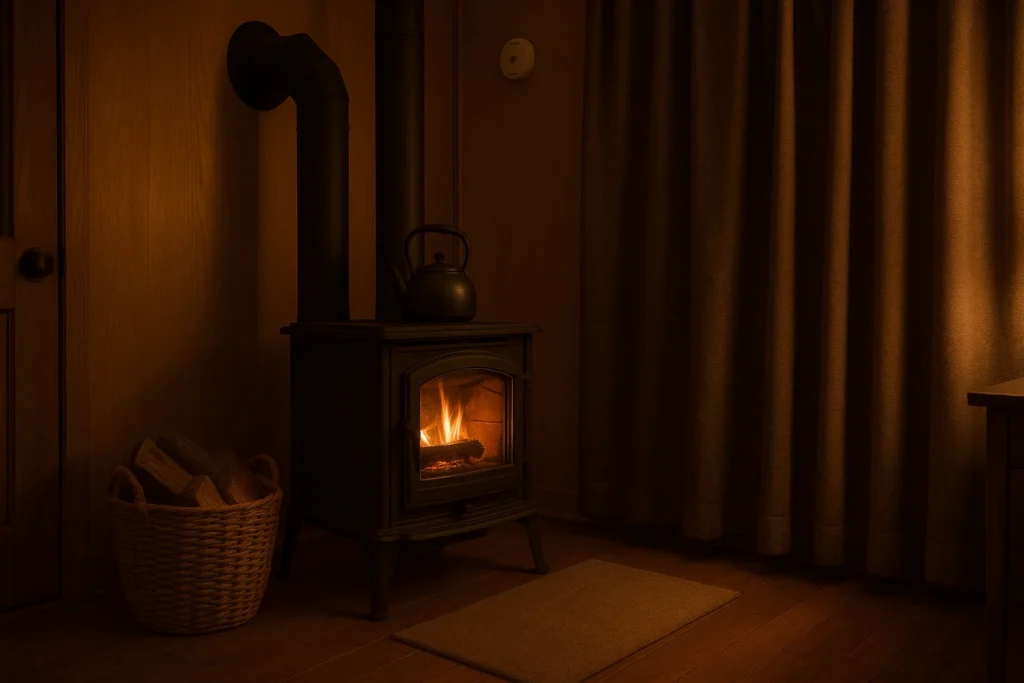 Vented wood stove with flue burning steadily; kettle on top, CO alarm on the wall, heavy drapes closed and a basket of firewood—safe winter blackout heat.