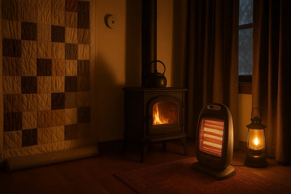 One-room heat zone during a winter blackout with a quilt curtain and draft stopper, heavy drapes, vented wood stove and lantern, and a CO alarm on the wall.