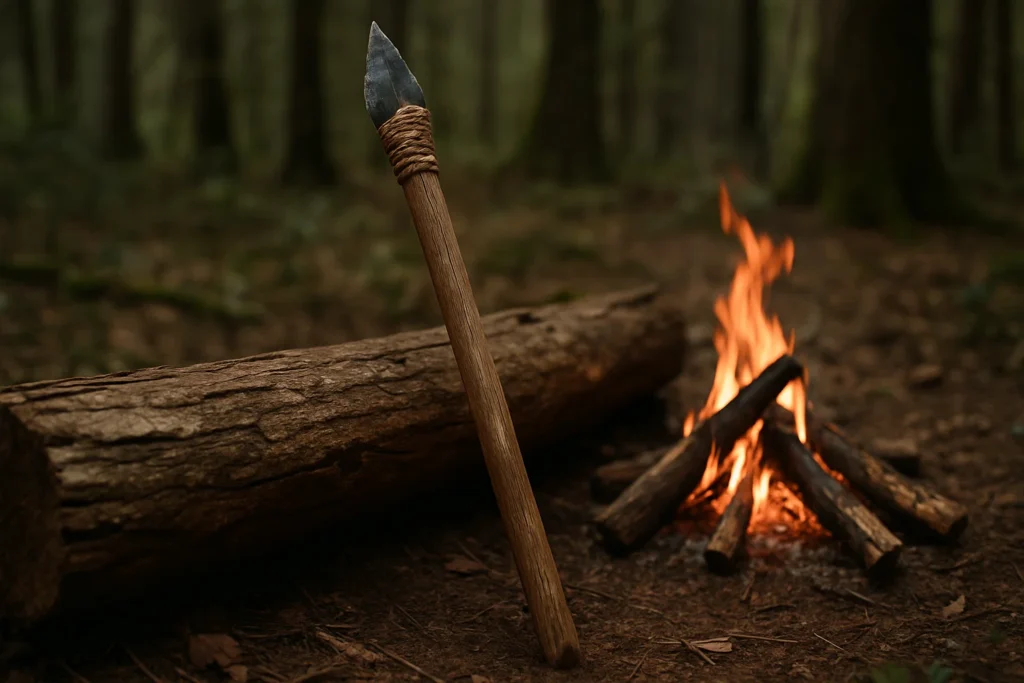 Primitive survival spear with stone tip by campfire in forest