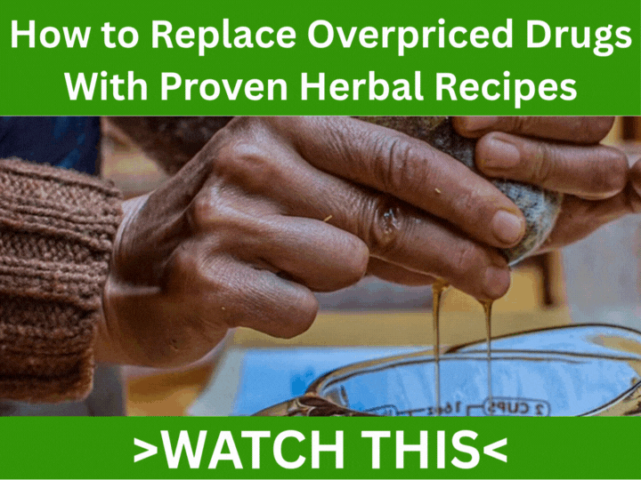 Hand replaces white pill bottles with fresh herbs, honey, and herbal tea on a wooden table under warm morning light, symbolizing natural healing.