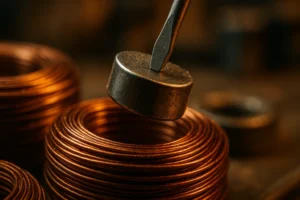 Magnet lifting copper wire coils salvaged from broken electronics for survival use