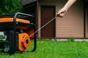 Starting a portable generator outside a home — essential backup power maintenance.