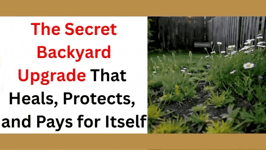 A dull backyard transforming into a lush medicinal herb garden filled with lavender, chamomile, echinacea, and calendula under golden sunlight — symbol of healing and self-reliance.