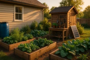 Self-sufficient backyard with raised garden beds, rain barrel, and solar panel beside a suburban home.
