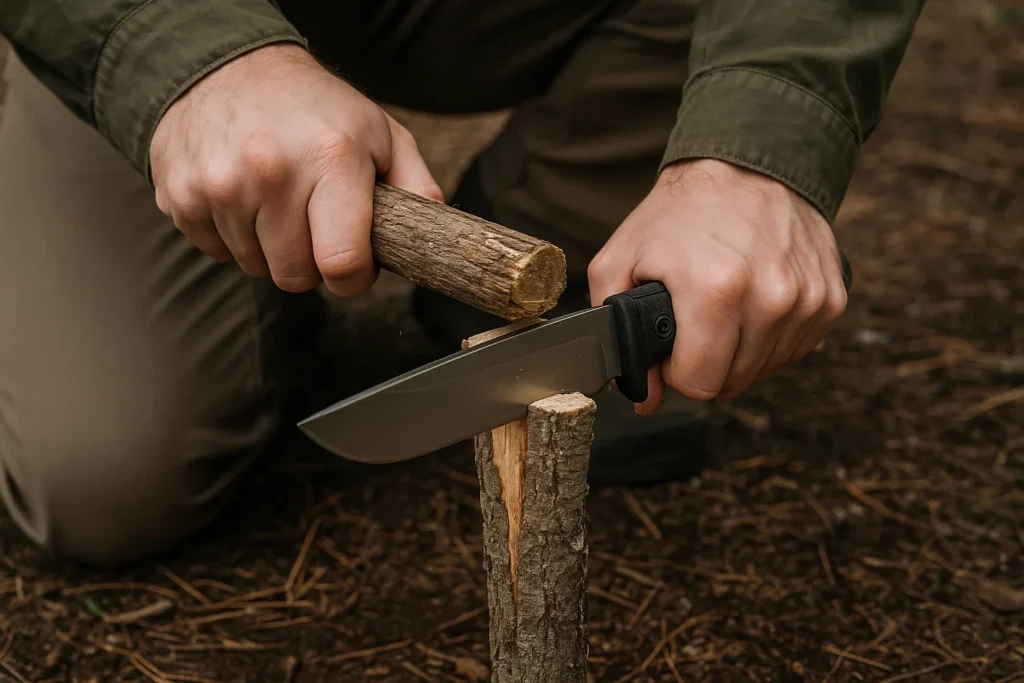 Hands batoning a full-tang survival knife through a small log using a wooden baton outdoors.