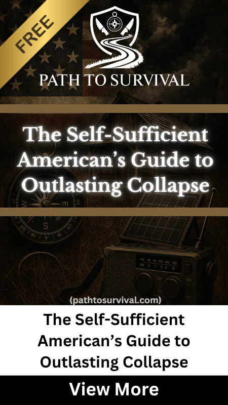 Free Path to Survival guide cover with survival gear and American flag.