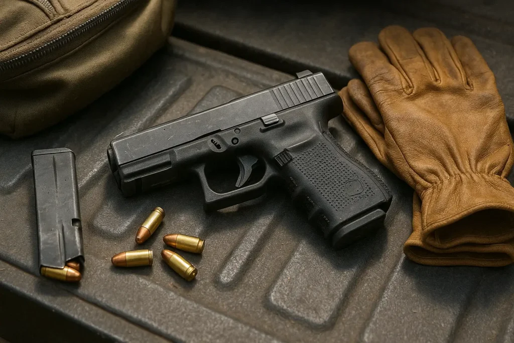 9mm pistol with magazine, loose rounds, gloves, and gear pouch on rugged surface, realistic survival and everyday carry setup.