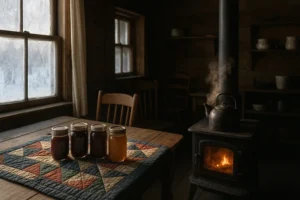 Wood stove glowing beside a handmade quilt and jars of preserves inside a rustic Amish farmhouse in winter.